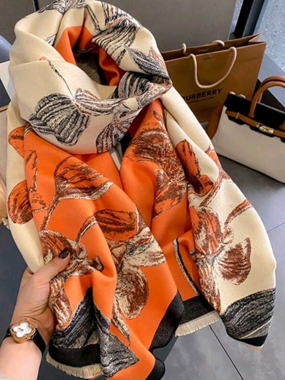 Orange and Cream Floral Silk-Blend Scarf